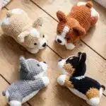 Cute handmade amigurumi puppy pattern finished crochet dog in beige and white yarn