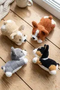 Cute handmade amigurumi puppy pattern finished crochet dog in beige and white yarn